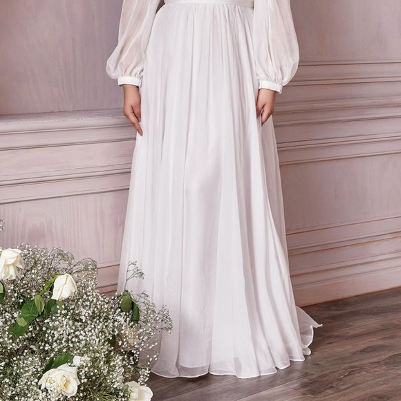 OFF WHITE WEDDING BRIDAL EVENING A-LINE CHIFFON LONG SLEEVE BRIDAL GOWN  CD0192 - Picture 8 of 9